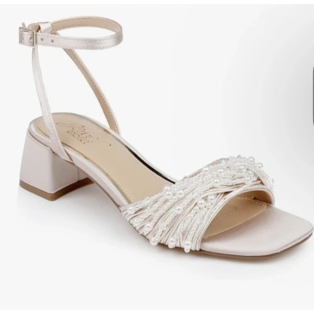 Badgley Mischka Size 10 Fallon Pearl Embellished Block Sandals Champagne Satin